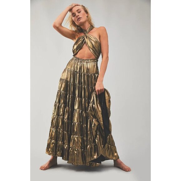 NWT Free People Something Magical Maxi in Bronze Metallic Convertible Dress XS